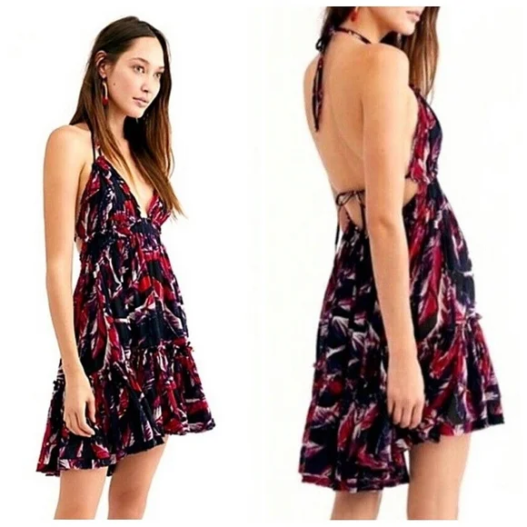 Free People | 100 Degrees Red & Black Boho Tie Dress - Picture 1 of 12